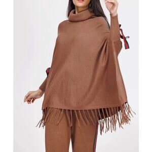 Magaschoni Sweater women's XL Brown Wool Blend Turtleneck Pullover Poncho Fringe